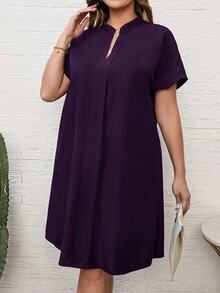 EMERY ROSE Women's Plus Size Purple Summer Dress: Short Sleeve, Notch Neckline, A-Line Cut - Purple - View 1