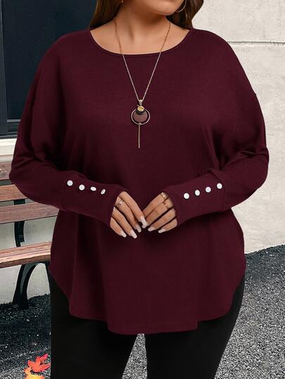 EMERY ROSE Maglietta a maniche lunghe da donna taglie forti bordeaux autunnale smart casual per escursioni, collo rotondo, spalle cadenti, top ampio, per compleanno, Natale e Capodanno 2025
