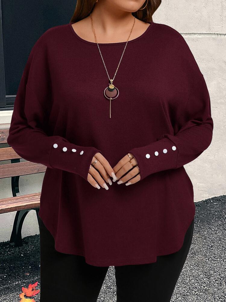 EMERY ROSE Camiseta casual de manga larga con cuello redondo y hombros caídos, de unicolor, holgada, para mujer de talla grande, para otoño/invierno, para salir, 2025 nueva, simple y de moda para uso diario, invierno, Navidad, Año Nuevo, Acción de Gracias - Rojo - Añade 6