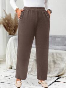 EMERY ROSE Plus Size Women's Casual Daily Black Long Pants With Pockets/Winter Fall - Brown - View 1