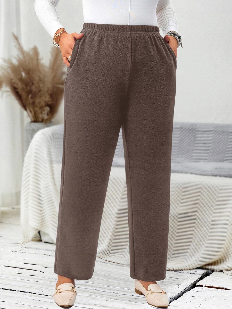 EMERY ROSE Plus Size Women's Casual Daily Black Long Pants With Pockets/Winter Fall - Brown - View 1