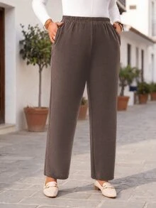 EMERY ROSE Plus Size Women's Casual Daily Black Long Pants With Pockets/Winter Fall - Brown - View 3