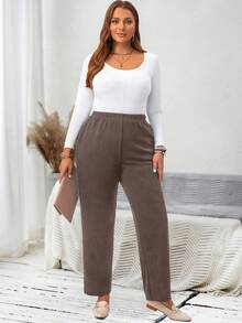 EMERY ROSE Plus Size Women's Casual Daily Black Long Pants With Pockets/Winter Fall - Brown - View 8