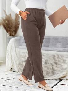 EMERY ROSE Plus Size Women's Casual Daily Black Long Pants With Pockets/Winter Fall - Brown - View 6