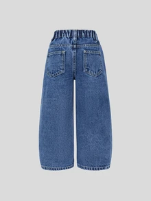 SHEIN Elladie kids 女童牛仔長褲 全季深藍色 甜美可愛蝴蝶結刺繡 寬腿彈力腰 純棉 返校季 牛仔女郎西式長褲 - 中等水洗藍 - 查看 2
