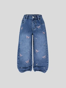 SHEIN Elladie kids 女童牛仔長褲 全季深藍色 甜美可愛蝴蝶結刺繡 寬腿彈力腰 純棉 返校季 牛仔女郎西式長褲 - 中等水洗藍 - 查看 8