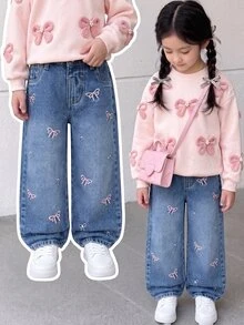 SHEIN Elladie kids 女童牛仔長褲 全季深藍色 甜美可愛蝴蝶結刺繡 寬腿彈力腰 純棉 返校季 牛仔女郎西式長褲 - 中等水洗藍 - 查看 3