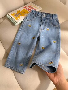 女嬰可愛牛仔長褲 冬季百搭 淺藍水洗牛仔色 小蜜蜂雛菊刺繡 寬鬆直筒版型 淡黃色 - 淺色水洗藍 - 查看 3