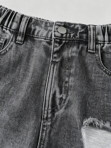 SHEIN 青少年女孩 1件裝 破洞磨邊漂白水洗牛仔褲 - 深灰色 - 查看 5