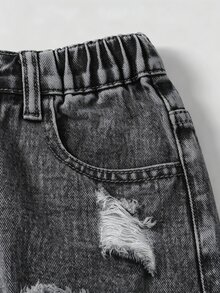 SHEIN 青少年女孩 1件裝 破洞磨邊漂白水洗牛仔褲 - 深灰色 - 查看 6