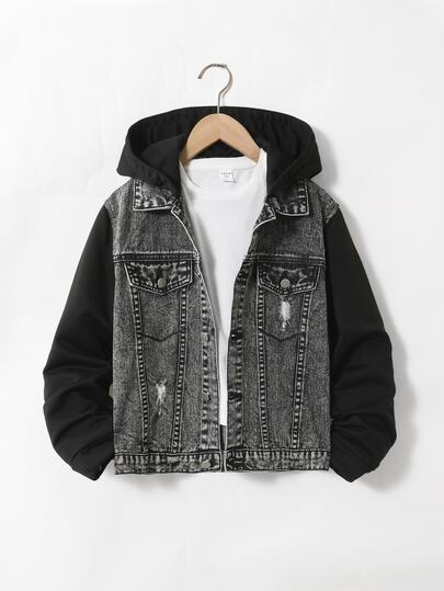 SHEIN Explorewe Denimly Boys Casual Daily Urban Street Sweatshirt Fabric Patchwork Design Detachable Hood Minimalist Comfortable Washed Denim Jacket