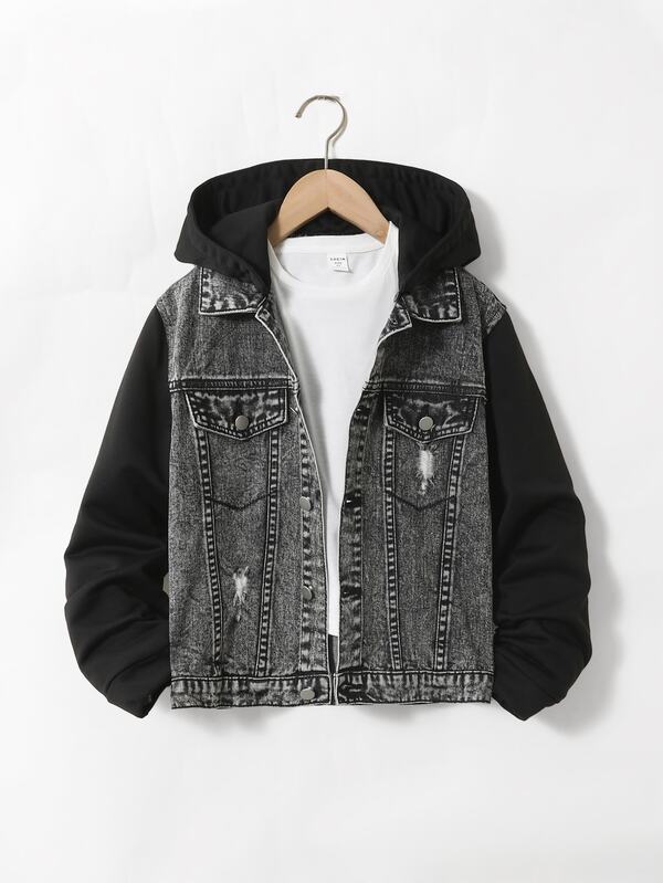 SHEIN Explorewe Denimly Boys Casual Daily Urban Street Sweatshirt Fabric Patchwork Design Detachable Hood Minimalist Comfortable Washed Denim Jacket