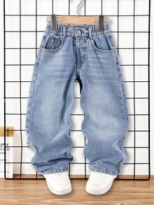 Young BoyDistressed Washed Loose Fit Jeans, Comfortable Cotton Denim Casual Pants For Spring/Summer, Suitable For T-Shirts, Hoodies, Daily Wear, School, Gatherings, Commuting - Light Wash - View 2