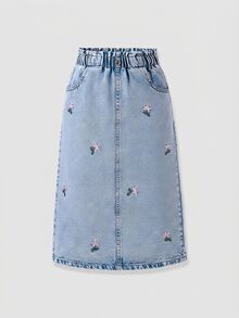 Girls' Washed Light Blue Denim Skirt, Casual Versatile Everyday Wear, College Style, Vacation Style, Delicate Floral Embroidery, Ruffle Waistband, Comfortable Fit, Straight Cut With Back Slit Design, Perfect For Summer - Light Wash - View 5