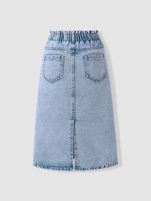 Girls' Washed Light Blue Denim Skirt, Casual Versatile Everyday Wear, College Style, Vacation Style, Delicate Floral Embroidery, Ruffle Waistband, Comfortable Fit, Straight Cut With Back Slit Design, Perfect For Summer - Light Wash - View 3
