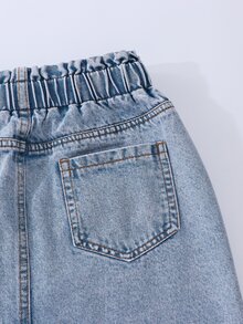 Girls' Washed Light Blue Denim Skirt, Casual Versatile Everyday Wear, College Style, Vacation Style, Delicate Floral Embroidery, Ruffle Waistband, Comfortable Fit, Straight Cut With Back Slit Design, Perfect For Summer - Light Wash - View 8