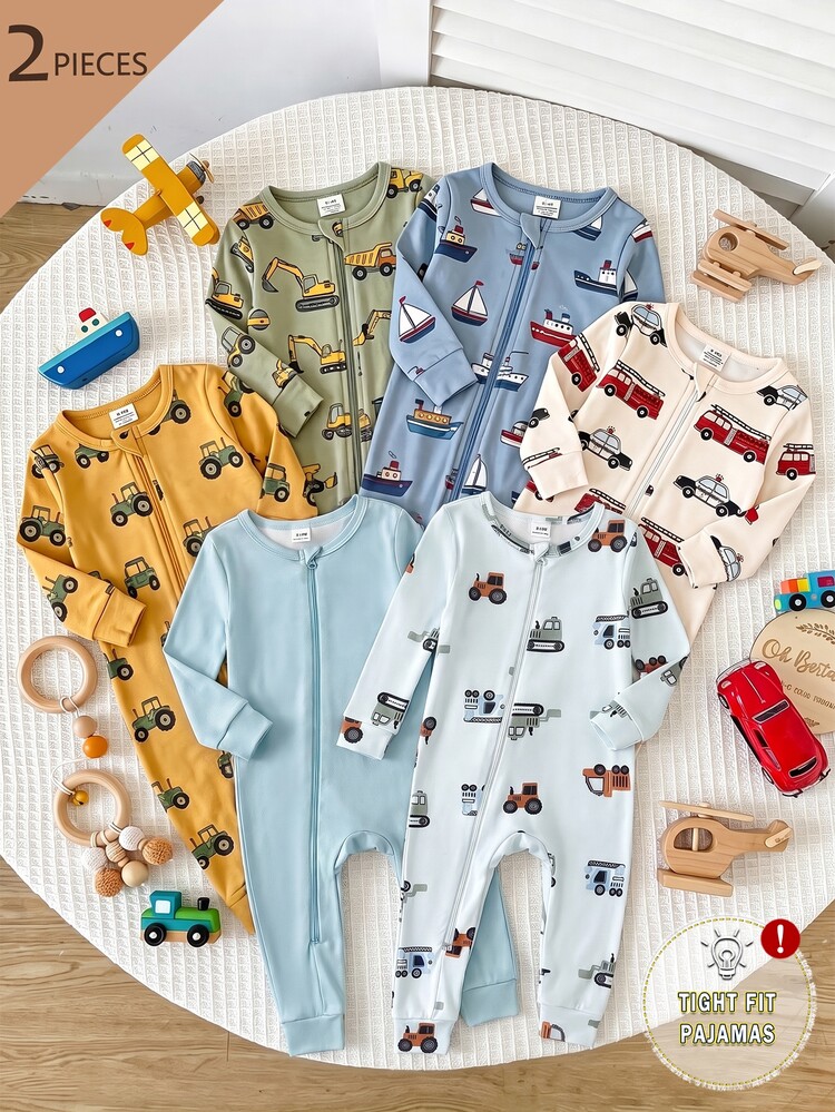 BATMAN X SHEIN 2pcs/Set Baby Boy Car Print Long Sleeve Knit Bodysuit & Pants, High Elasticity Knitted Fabric, Slim Fit Comfortable Crawler Suit, Suitable For Home, Outings, Versatile - Multicolor - View 1