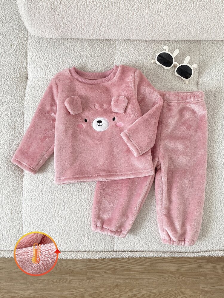 2pcs/Set Autumn/Winter Double-Sided Flannel Baby Girl Home Wear, Soft Plush Pink Cute Pig Embroidery With 3D Ears, Pullover Long Sleeve Top And Long Pants, Thickened Fleece Winter Outfit - Pink - View 8