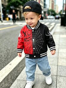 SHEIN Playful Pals 1 buah Jaket Baseball Kasual Bayi Laki-laki Motif Laba-laba Kontras, Jaket Musim Gugur Modis & Menyenangkan, Cocok untuk Pemakaian Sehari-hari, Aktivitas, dan Lainnya - Hitam - View 3