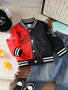 SHEIN Playful Pals 1 buah Jaket Baseball Kasual Bayi Laki-laki Motif Laba-laba Kontras, Jaket Musim Gugur Modis & Menyenangkan, Cocok untuk Pemakaian Sehari-hari, Aktivitas, dan Lainnya - Hitam - View 1