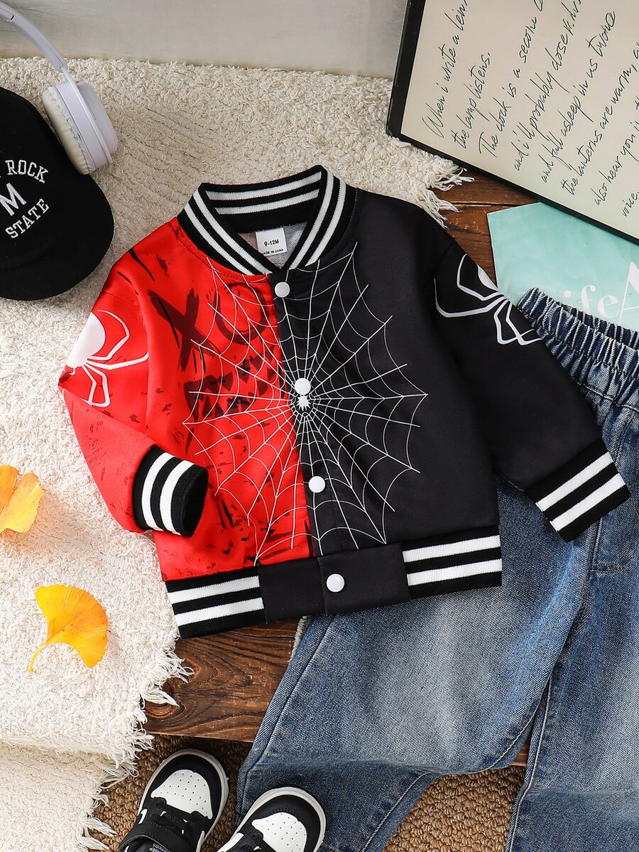 SHEIN Playful Pals 1 buah Jaket Baseball Kasual Bayi Laki-laki Motif Laba-laba Kontras, Jaket Musim Gugur Modis & Menyenangkan, Cocok untuk Pemakaian Sehari-hari, Aktivitas, dan Lainnya - Hitam - View 1