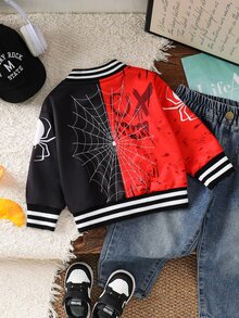 SHEIN Playful Pals 1 buah Jaket Baseball Kasual Bayi Laki-laki Motif Laba-laba Kontras, Jaket Musim Gugur Modis & Menyenangkan, Cocok untuk Pemakaian Sehari-hari, Aktivitas, dan Lainnya - Hitam - View 2