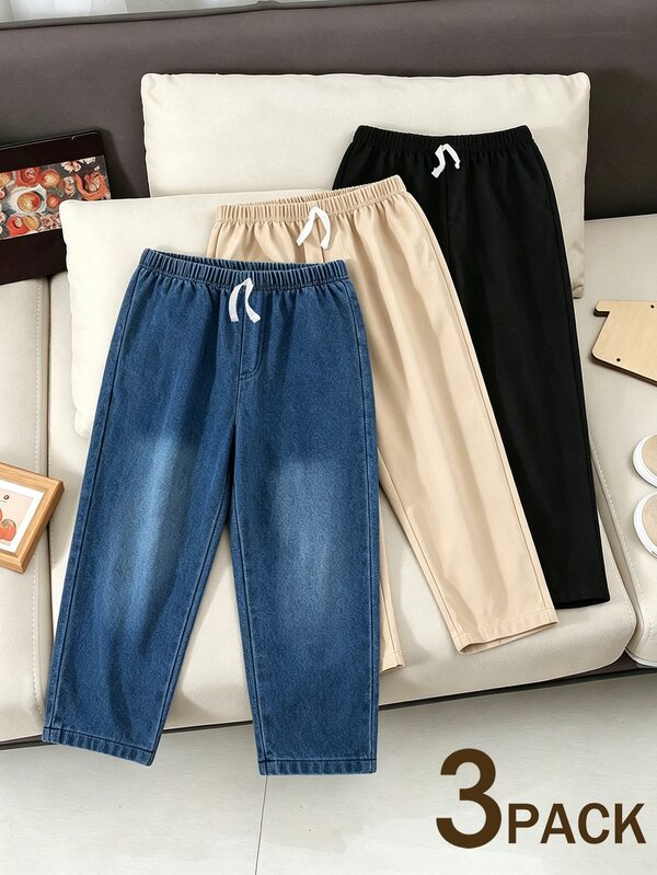 3pcs Young Boys Simple Casual Solid Color Blue Denim, Apricot, Black Long Pants Suitable For Daily Wear, School, Outings And Sports
