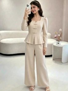SHEIN Teen Girls 2pcs Polyester Lapel Collar Long Sleeve Solid Color Zip Button Regular Regular Fit Shirt Set Fall Apricot - Apricot - View 5