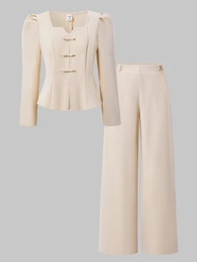 SHEIN Teen Girls 2pcs Polyester Lapel Collar Long Sleeve Solid Color Zip Button Regular Regular Fit Shirt Set Fall Apricot - Apricot - View 7