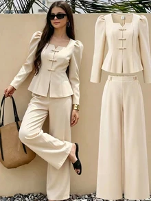 SHEIN Teen Girls 2pcs Polyester Lapel Collar Long Sleeve Solid Color Zip Button Regular Regular Fit Shirt Set Fall Apricot - Apricot - View 3