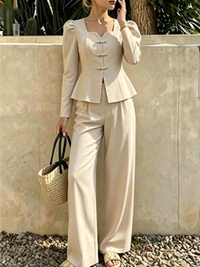 SHEIN Teen Girls 2pcs Polyester Lapel Collar Long Sleeve Solid Color Zip Button Regular Regular Fit Shirt Set Fall Apricot - Apricot - View 1