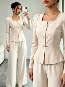 SHEIN Teen Girls 2pcs Polyester Lapel Collar Long Sleeve Solid Color Zip Button Regular Regular Fit Shirt Set Fall Apricot - Apricot - View 4