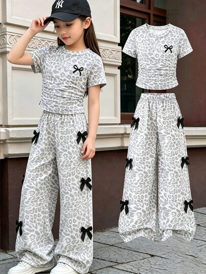 Elladie kids Big Tween Girl Sweet Cool Spicy Style Pure Black Bow Embroidery Fitted Short T-Shirt & Leopard Print Bow Decor Wide Leg Long Pants 2-Piece Set, Casual Versatile Soft Skin-Friendly Comfortable Daily Streetwear Campus Outfit, Fashionable Personalized Set