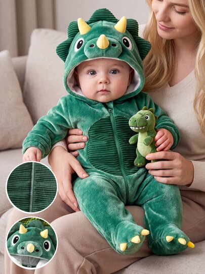 SHEIN Newborn Baby Boy Hooded Footed Jumpsuit Cute Green 3D Dinosaur Patchwork Corduroy Long Sleeve Hooded Thick Halloween Autumn Fall Winter Zipper
