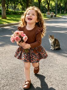 SHEIN Playful Pals 女嬰花卉裙裝套裝，羅紋針織荷葉袖長袖T恤與蝴蝶結花朵印花裙 2件套休閒套裝 - 卡其色 - 查看 11