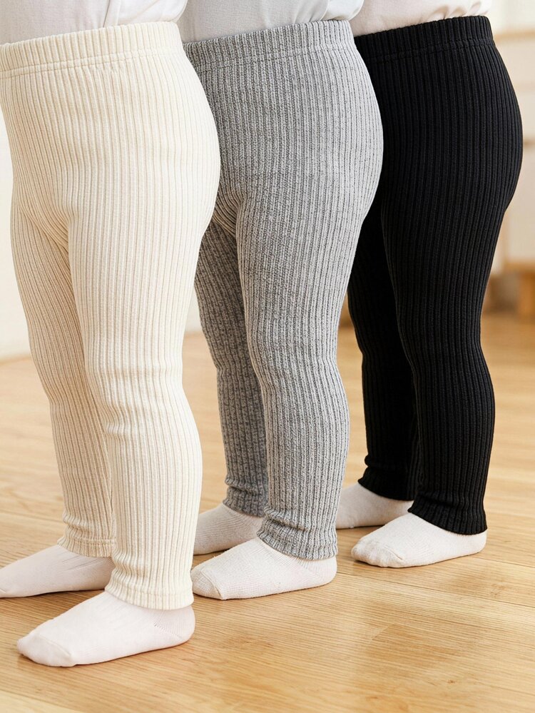 SHEIN Baby Girl French Style Minimalist Western 3pcs Set Solid Color Knitted Leggings Elastic Waistband Casual Daily Graduation Black Grey White Autumn - Multicolor - View 2