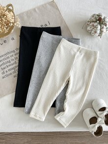SHEIN 女嬰法式簡約西式3件套 純色針織內搭褲 鬆緊腰帶 休閒日常 畢業季 秋冬款 黑灰色白色 - 彩色 - 查看 10