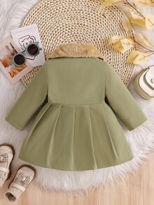SHEIN 女嬰保暖加厚抓絨內裡風衣大衣，優雅蝴蝶結裝飾、人造毛領、A字百褶夾克，鼠尾草綠，秋冬保暖外套 - 綠色 - 查看 2