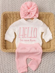 SHEIN "HELLO" Embroidery Newborn Girl Photography Outfit Baby Boy Girl Top Pants With Bowknot Hat Set Pink Color Infant 1 Month 100 Days Photo Shoot Props - Multicolor - View 5