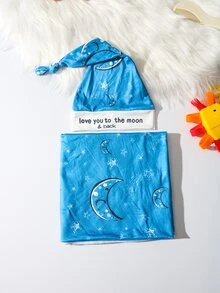 SHEIN 彈性新生兒攝影包巾帽套組 LOVE YOU TO THE MOON AND BACK 月亮圖案印花 新生兒男嬰拍照包巾毯 - 寶藍色 - 查看 8