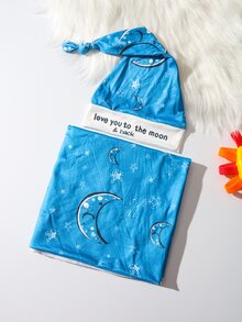 SHEIN 彈性新生兒攝影包巾帽套組 LOVE YOU TO THE MOON AND BACK 月亮圖案印花 新生兒男嬰拍照包巾毯 - 寶藍色 - 查看 3