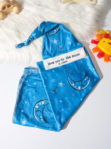 SHEIN 彈性新生兒攝影包巾帽套組 LOVE YOU TO THE MOON AND BACK 月亮圖案印花 新生兒男嬰拍照包巾毯 - 寶藍色 - 查看 2