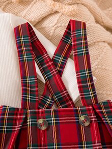 SHEIN 新生女嬰秋冬百搭簡約紅色格紋吊帶裙，圓領長袖連身衣套裝 - 紅色 - 查看 6