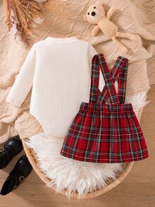 SHEIN 新生女嬰秋冬百搭簡約紅色格紋吊帶裙，圓領長袖連身衣套裝 - 紅色 - 查看 4