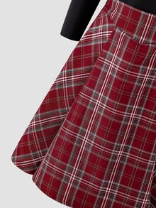SHEIN 女童秋季聖誕紅格紋裙 2 件套，黑色高領長袖上衣與 A 字裙，學院風日常穿搭 - 酒紅色 - 查看 7