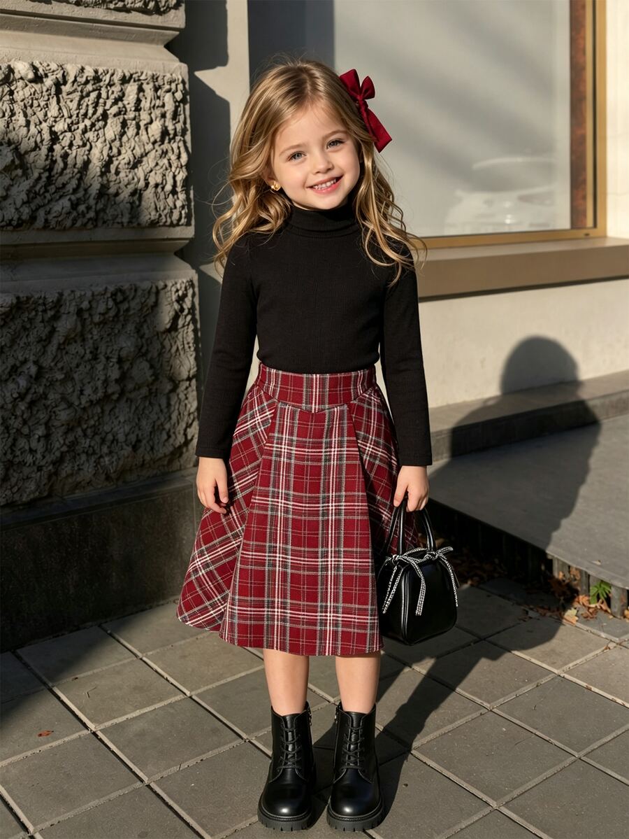 SHEIN 女童秋季聖誕紅格紋裙 2 件套,黑色高領長袖上衣與 A 字裙,學院風日常穿搭 - 酒紅色 - 查看 1