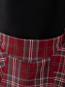 SHEIN 女童秋季聖誕紅格紋裙 2 件套，黑色高領長袖上衣與 A 字裙，學院風日常穿搭 - 酒紅色 - 查看 5