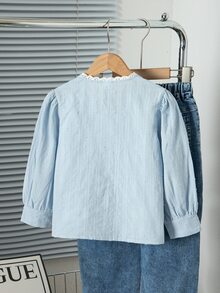 SHEIN Elladie kids Kemeja Wanita Gaya Korea Minimalis dengan Kain Jacquard 3D Tenun, Kerah V, Hiasan Rumbai Kecil, Lengan Panjang, Warna Biru Muda, Musim Gugur - Biru - View 5