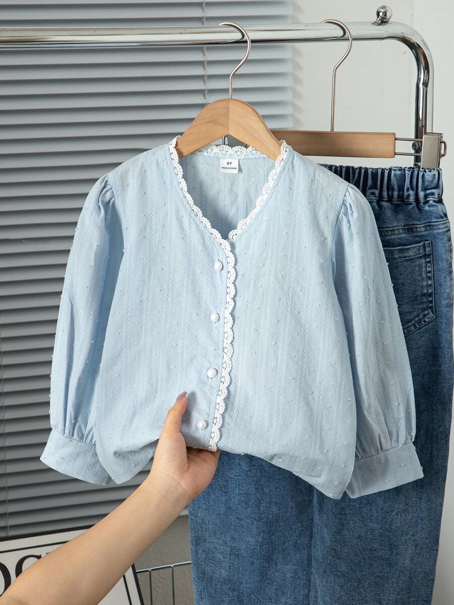 SHEIN Elladie kids Kemeja Wanita Gaya Korea Minimalis dengan Kain Jacquard 3D Tenun, Kerah V, Hiasan Rumbai Kecil, Lengan Panjang, Warna Biru Muda, Musim Gugur