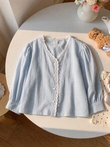 SHEIN Elladie kids Kemeja Wanita Gaya Korea Minimalis dengan Kain Jacquard 3D Tenun, Kerah V, Hiasan Rumbai Kecil, Lengan Panjang, Warna Biru Muda, Musim Gugur - Biru - View 4